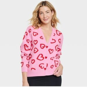 33 Degrees Pink Heart Pattern Novelty Cardigan Sweater Medium Valentine's Day